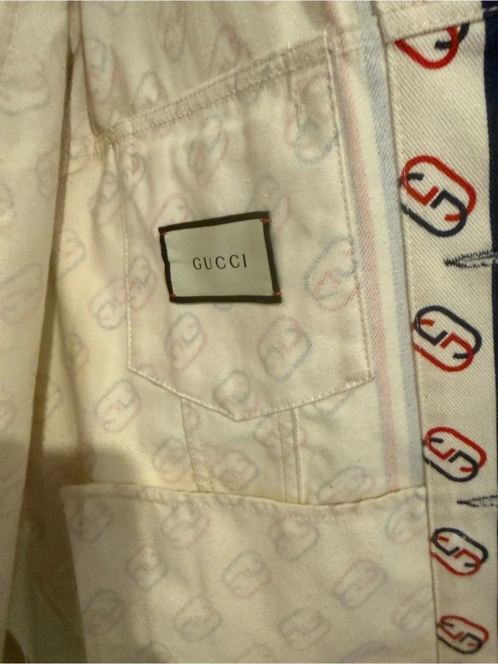 Gucci Cream Logo-Print Cotton Jacket with Navy & Red Trim